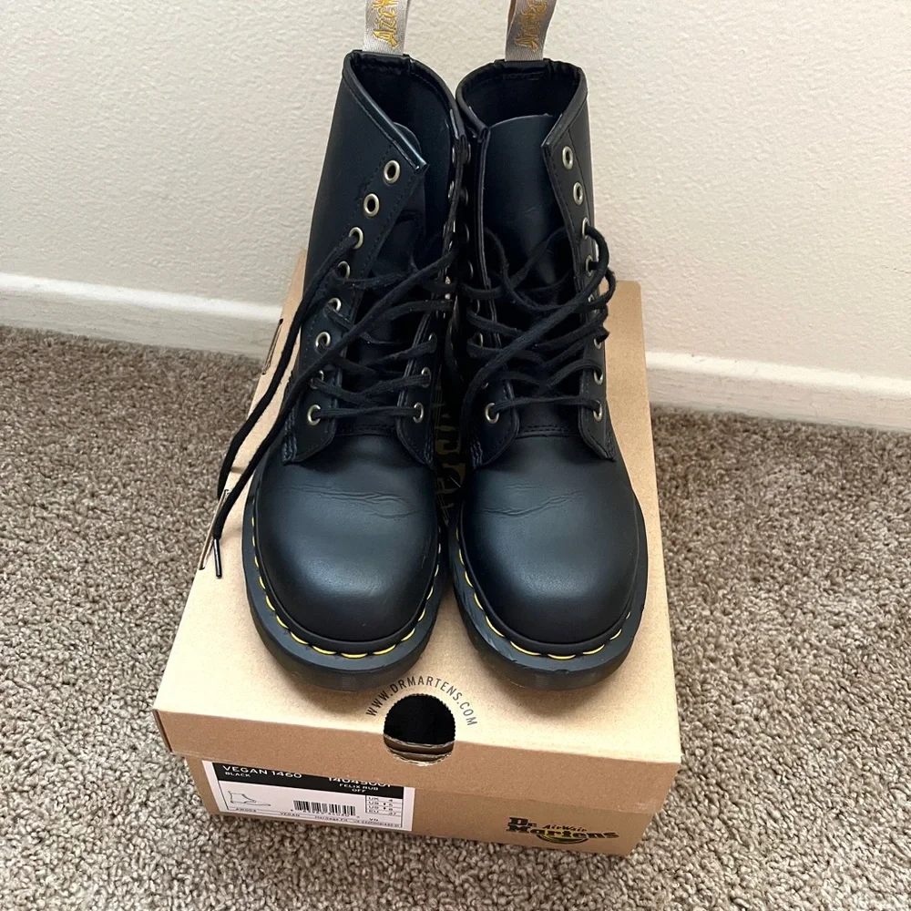 Dr. Martens Vegan 1460 Black Boots with Yellow Stitching - Picture 2 of 6